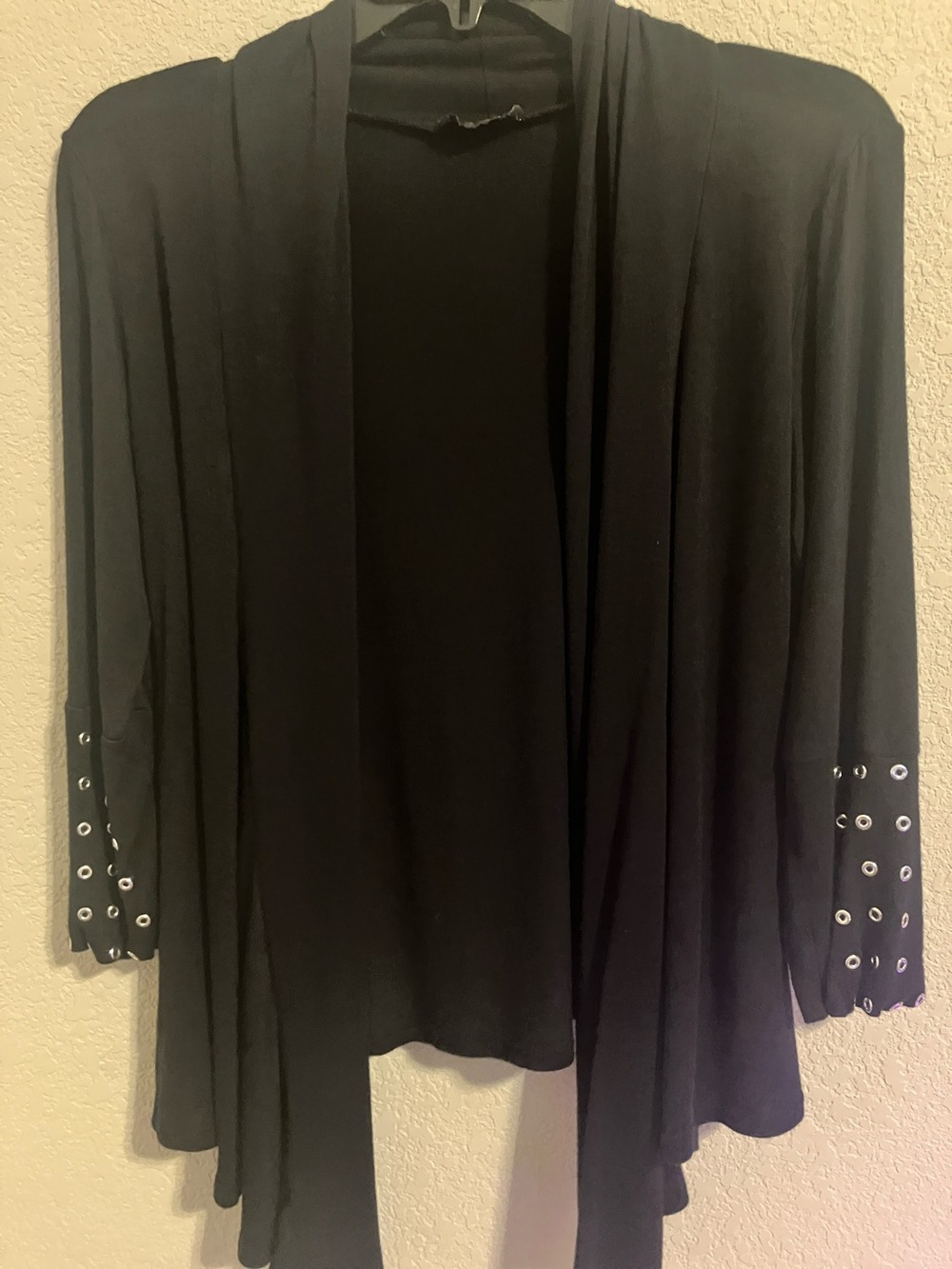 Black Open-Front Women’s Cardigan with Grommet Sleeve Detail